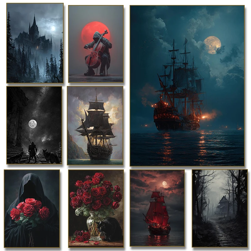 Sailing Pirate Ship Gothic Roses Vase Horror Castle Skull Poster Canvas Painting Print Wall Picture for Living Room Home Decor