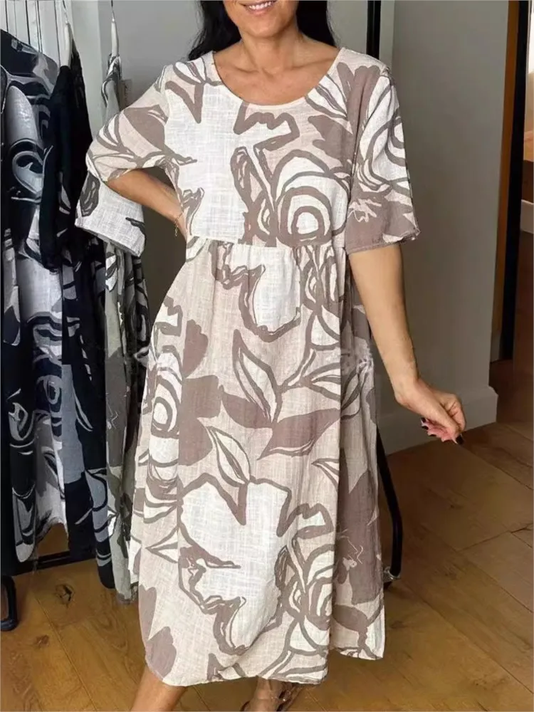 

2025 Summer New Color Printed Dress With Mid-sleeved Round Neck Loose Casual And Fashionable Mid-length Over-knee Dress