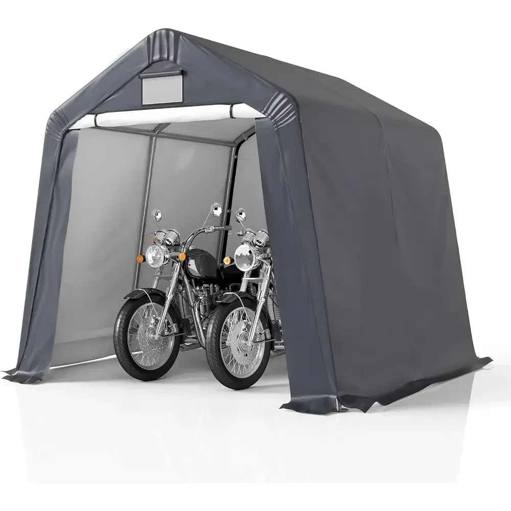 Heavy-Duty Outdoor Storage Shelter - 8x8 Roll-up Window Tent, Portable Garage for Bikes, ATVs, Motorcycles, Gray