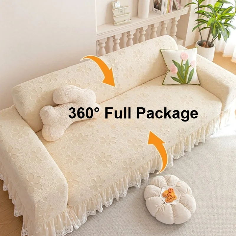 All-Season Universal Sofa Cover Set Anti-Cat Scratch Jacquard Velvet Full Coverage with Lace Skirt Edge for Straight Seat Sofas