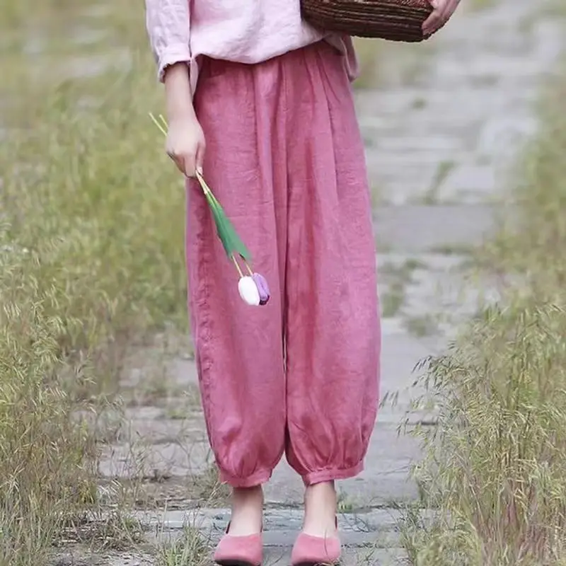 القطن الكتان فضفاض بلون اقتصاص السراويل النساء جديد الصيف البساطة مكتب سيدة واسعة الساق الاتجاه تظهر رقيقة سراويل تقليدية CQ6