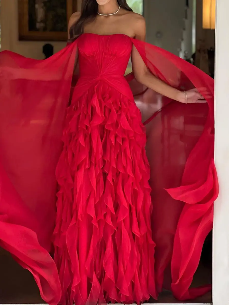 Fashion Sweetheart Long Train Evening Gown Women's Dress Cascad Ruffles Twist Knot Waist Cape Sleeve Back Zip Prom Dress Custom