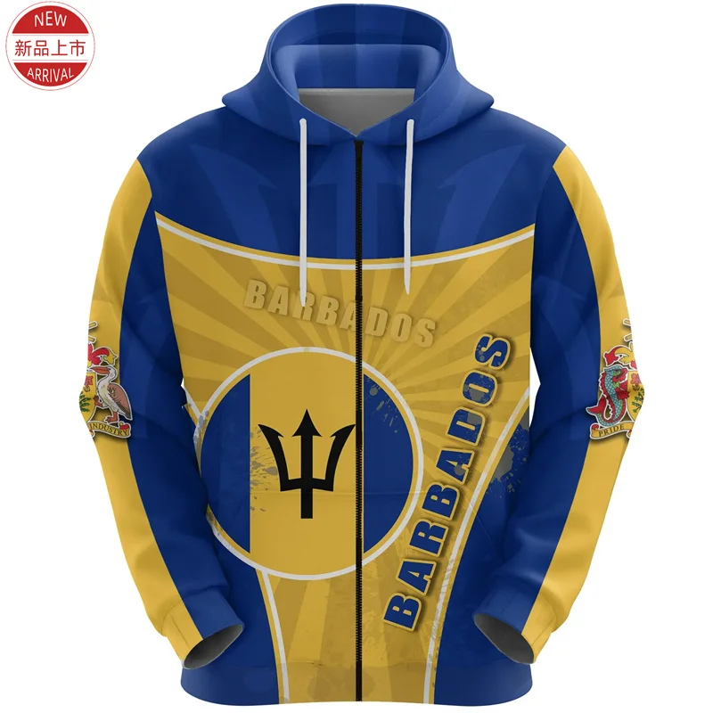 Sweats à capuche zippés College en 3D de la carte nationale de la Barbade pour hommes, haut Harajuku, streetwear à fermeture éclair, vêtements décontractés PVD, mode enfant