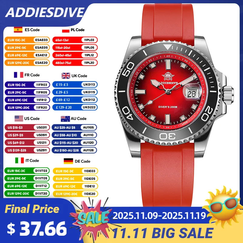 ADDIESDIVE montre pour hommes 41mm dégradé rotatif lunette montres à Quartz 20Bar étanche BGW9 lumineux montre de plongée nouveau AD2089
