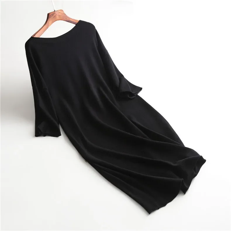 أزياء الخريف الشتاء المرأة محبوك فستان فضفاض المرأة حجم كبير شارع العليا س الرقبة المعصم كم تمتد Bodycon منتصف العجل اللباس