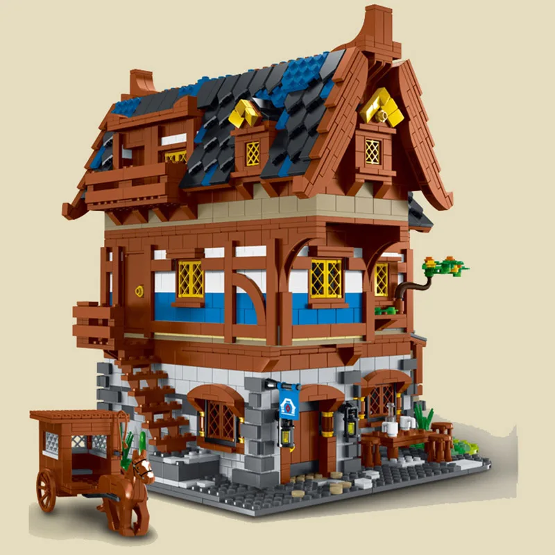 XMork 033002 Medieval Town Tavern Model Modular Street View MOC Series DIY Toys Building Blocks Boy Gift 3451Pcs