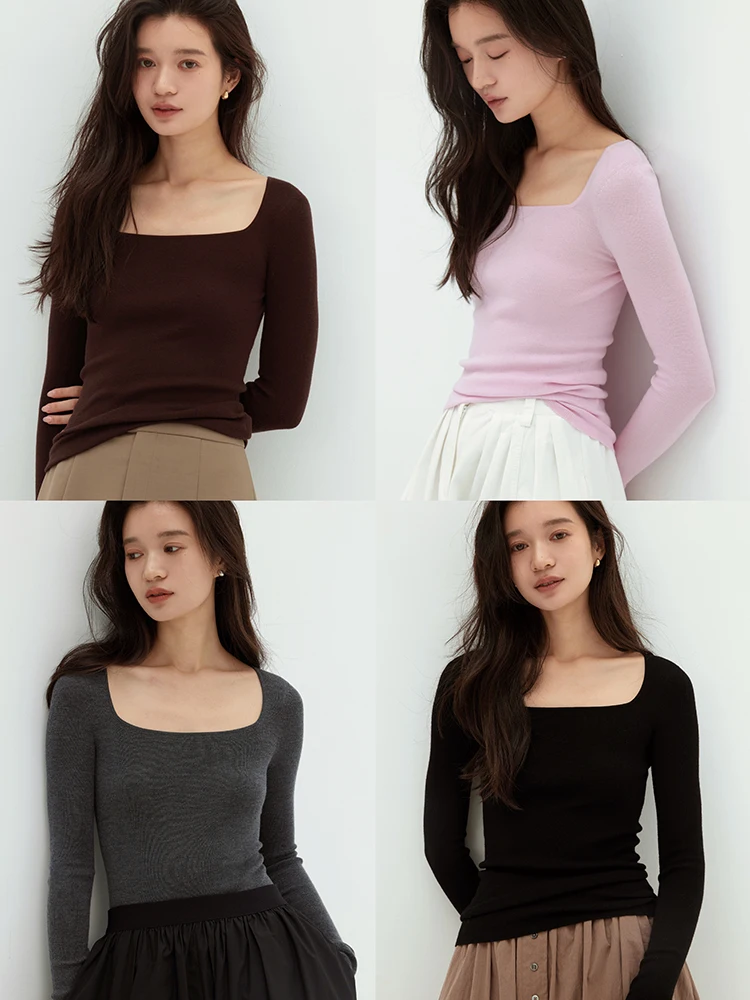 

Zhihua Island золотой шерстяной вязаный свитер с квадратным воротником Sl, женский модный повседневный облегающий мягкий длинный све