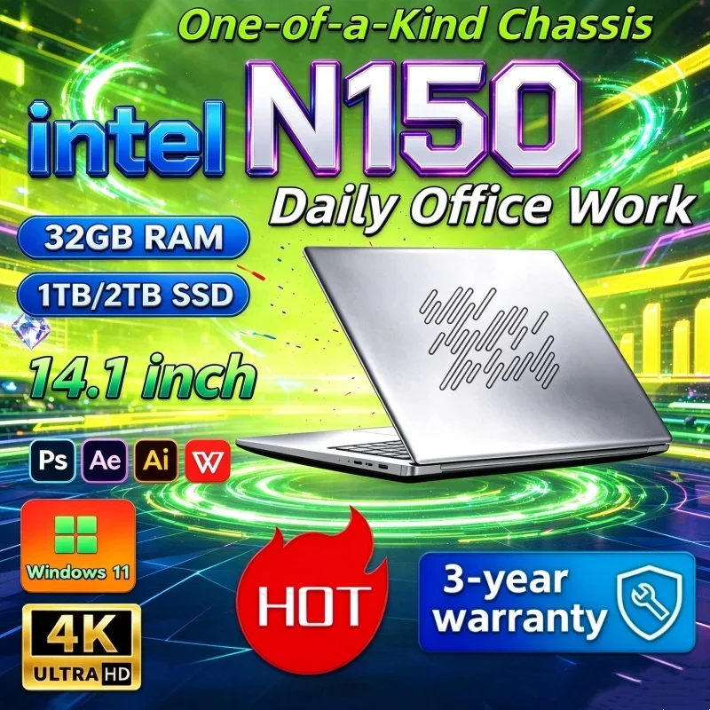 2026 Intel N150 Ultra Slim 14.1 Inch Laptop 32GB RAM 2TB SSD Gaming Notebook 1920x1080 Office Agile Performance