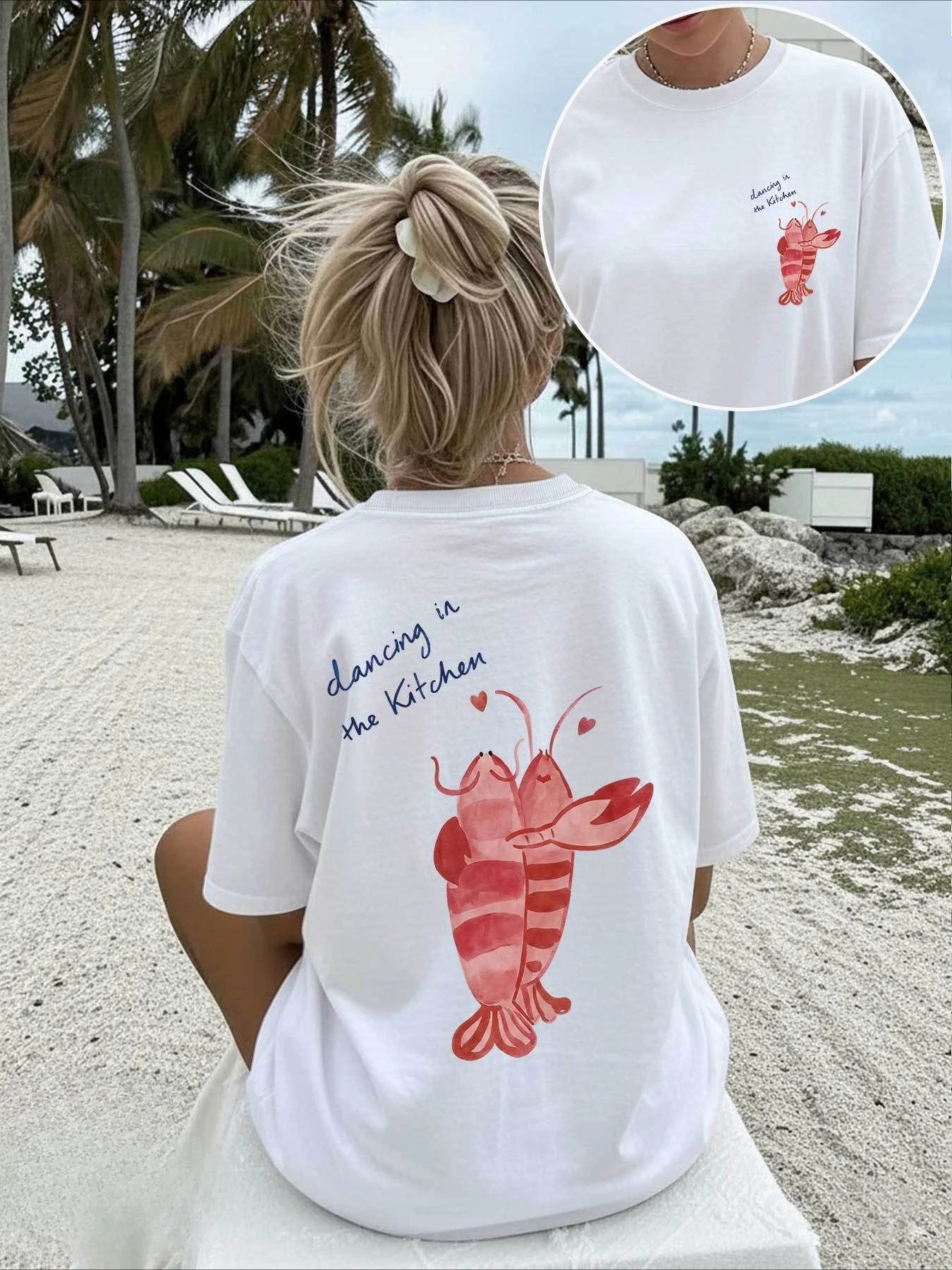 Women'S Spring Fashion Beach with Double-Sided Print Featuring Watercolor Style Shrimp Heart and 'Dancing in The Kitchen' Design