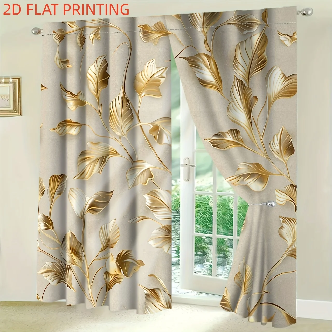 Luxury 3D Gold Leaf Print Curtains Elegant Botanical Window Drapes for Bedroom Living Room Hotel  Privacy Protection Quick Setup