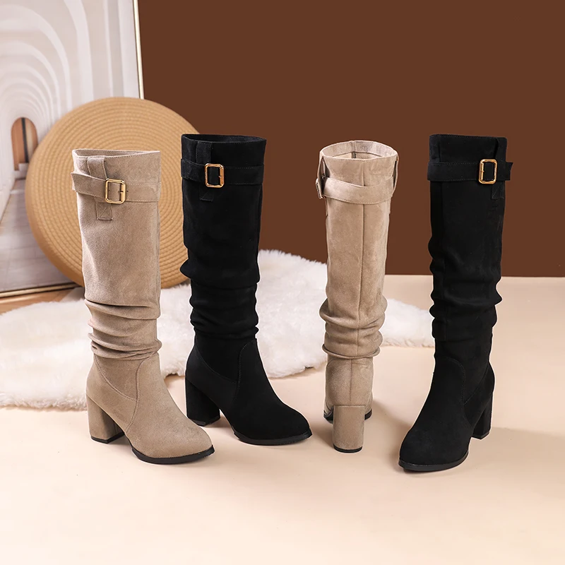 

Новинка 2025, женские модные ботинки до середины икры, замшевые высокие сапоги на квадратном каблуке, пикантная уличная обувь для отдыха для женщин женские сапоги