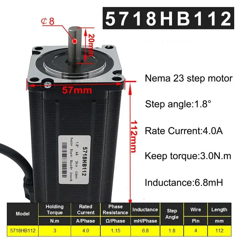 57BYG stepper motor 1.8 Degree 4.0A 3N.m 112mm 2 phase  hybrid driver motor Nema 23 Step Motor