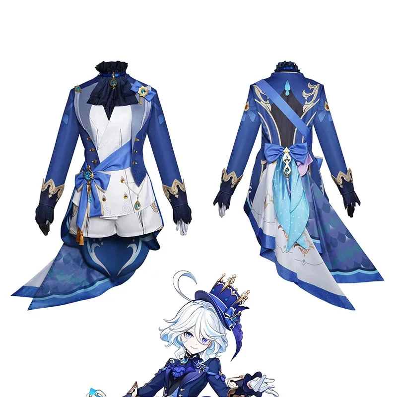 Furina Cosplay Costume Wig Hair Impact Fontaine Focalors with Hat Black Suits High Heel Cosplay Shoes for Women Outfits