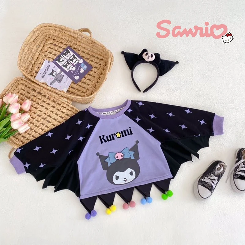 Sanrio Cartoon Kuromi Long Sleeve Sweater Fall Autumn Cartoon 3-8y Children Sweet Warm Clothes Kwaii Round Neck Batwing Blouse