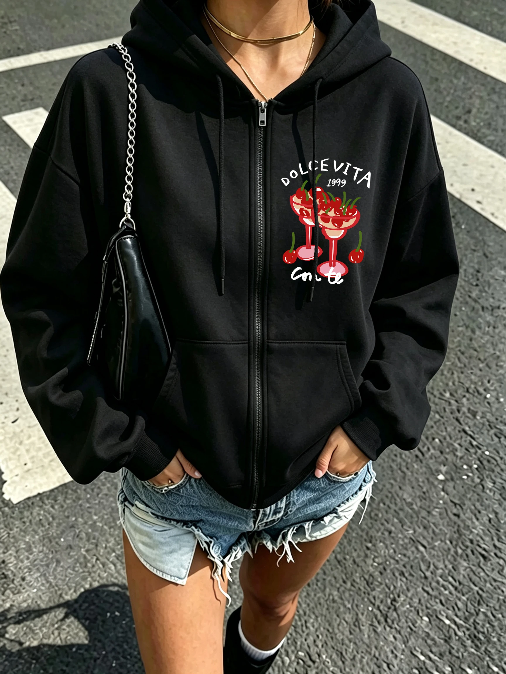 Dolcevita Cherry Wine Print Women'S Zipper Hoodie Casual Loose Streetwear Autumn Y2K Pocket Hoody Fleece All-Match Sportswear