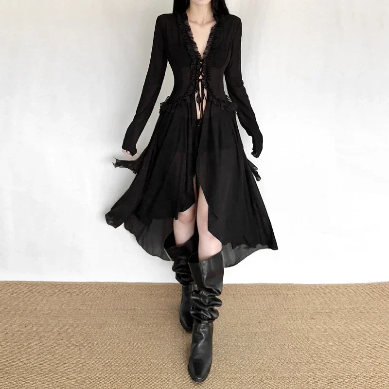 IMU Gothic Dark Sexy T-shirt Women Streetwear Harajuku Coquette Y2k See Through V-neck Long Sleeve Versatile Tee Tops Female
