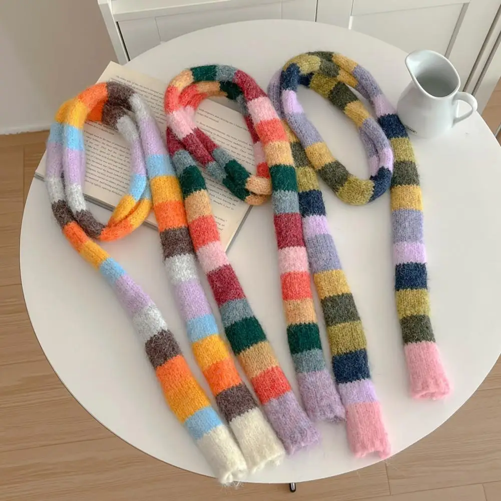 Long Scarves Rainbow Striped Scarf for Women Long Skinny Fuzzy Neckerchief Fluffy Knit Thin Scarf Autumn Winter Colorful