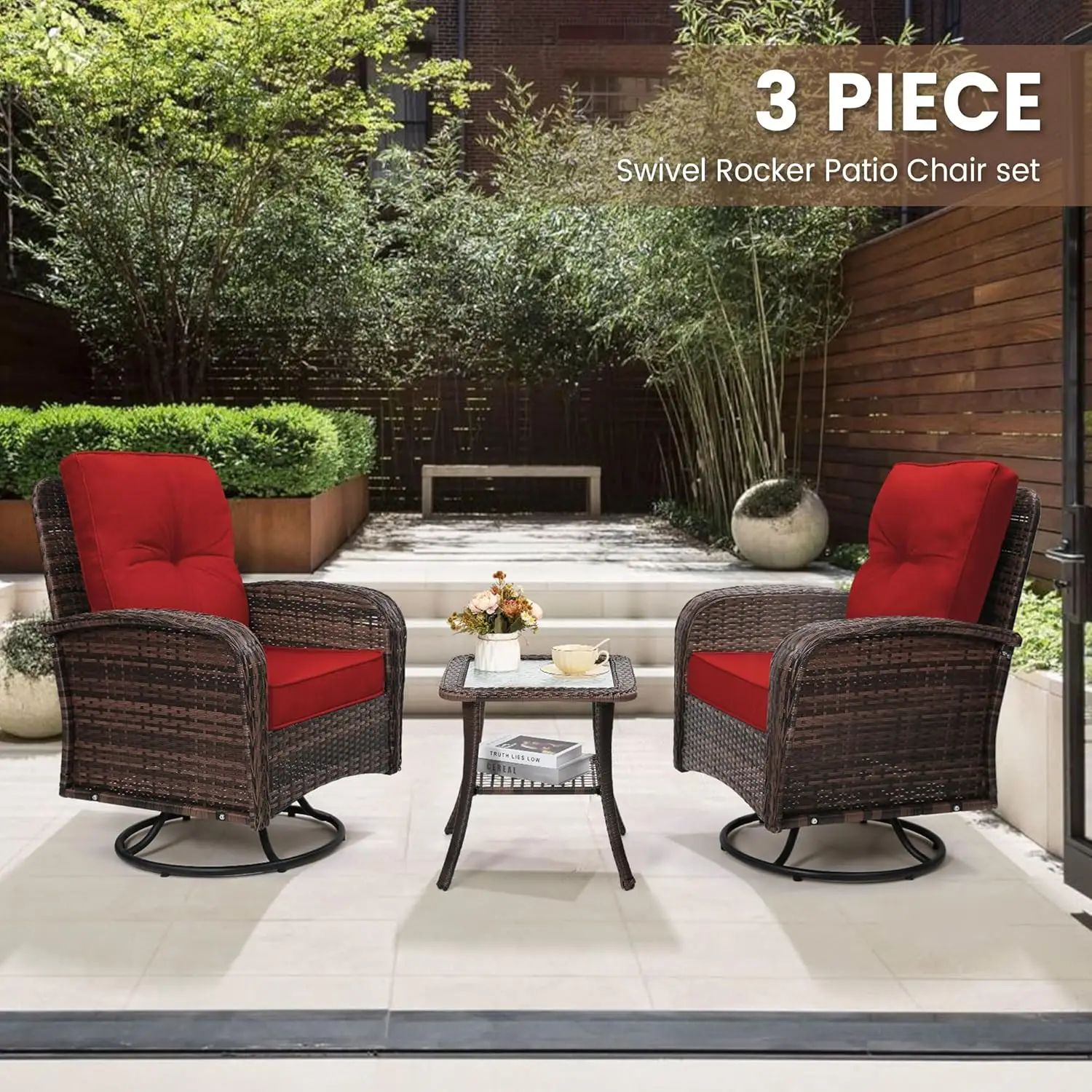 3 Pieces Rattan Wicker Bistro Set, Outdoor Conversation Set, Wicker Furniture Set with Glass Top Table, Space Saving for Balcony