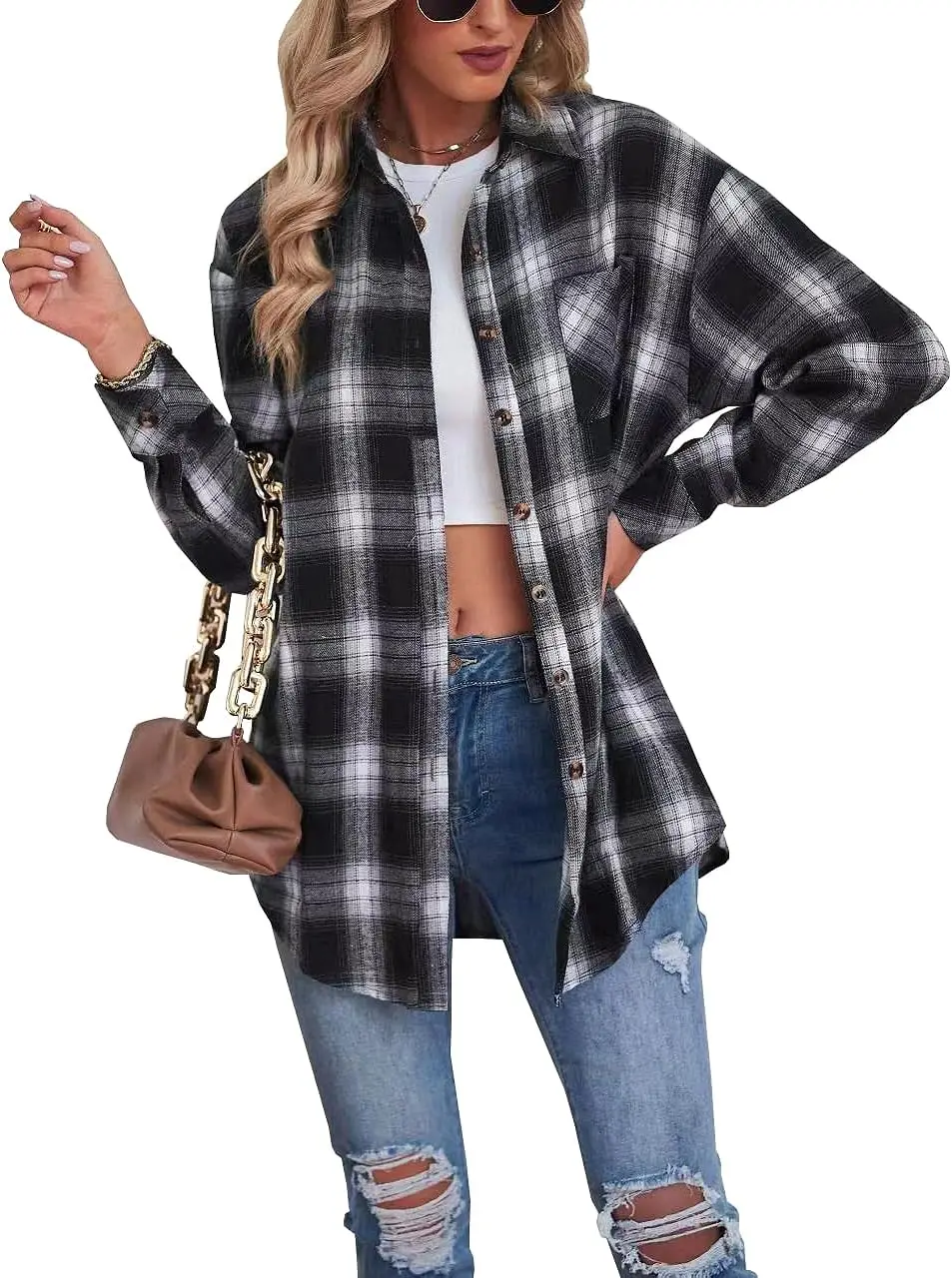 Pregnant women\'s new foreign trade European and American lapel loose button flannel shirt plaid long sleeved top jacket