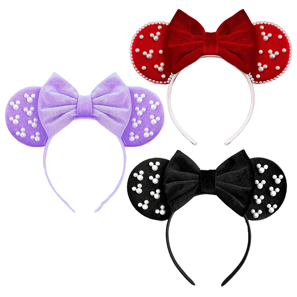 New Mickey Mouse Ear Headbands Black Bow Pearl Hairband Hair Accessories Glitter Party Princess Decoration Cosplay Costume Women