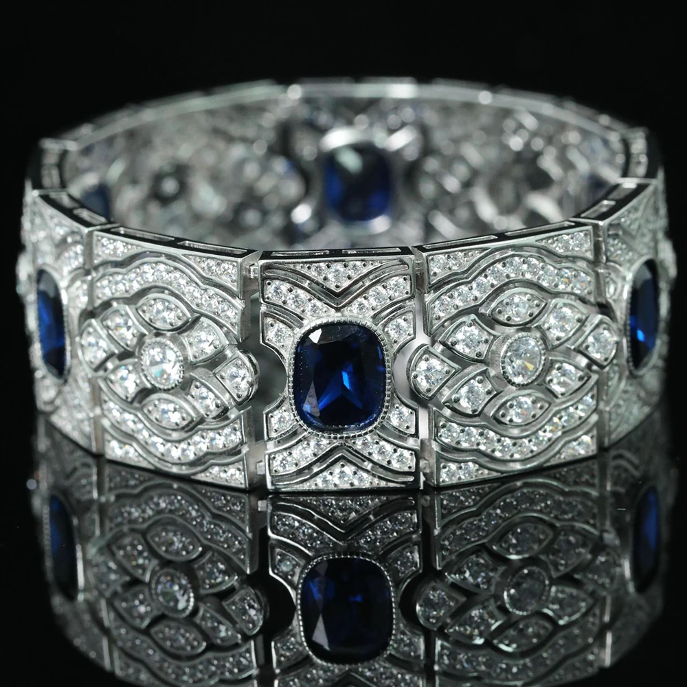 

WUIHA Vintage 925 Sterling Silver Lab Sapphire High Carbon Diamonds Gemstones Bracelet Bangle Cocktail Fine Jewelry Wholesale