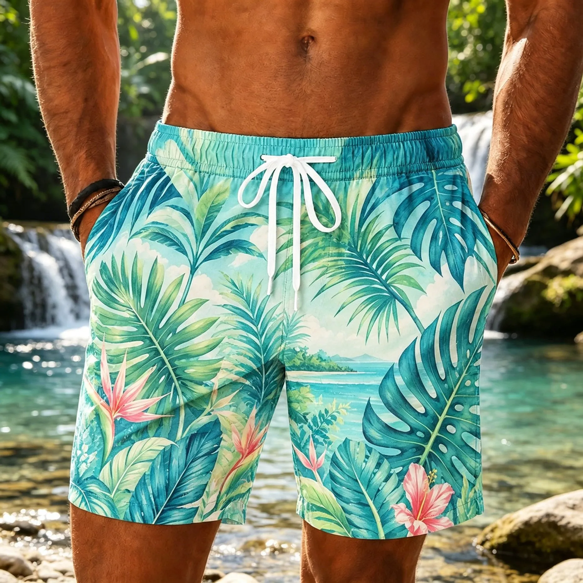 Men's Yellow Tropical Jungle Print Drawstring Shorts, Casual Loose Swim Trunks For Spring Summer Beach Wear