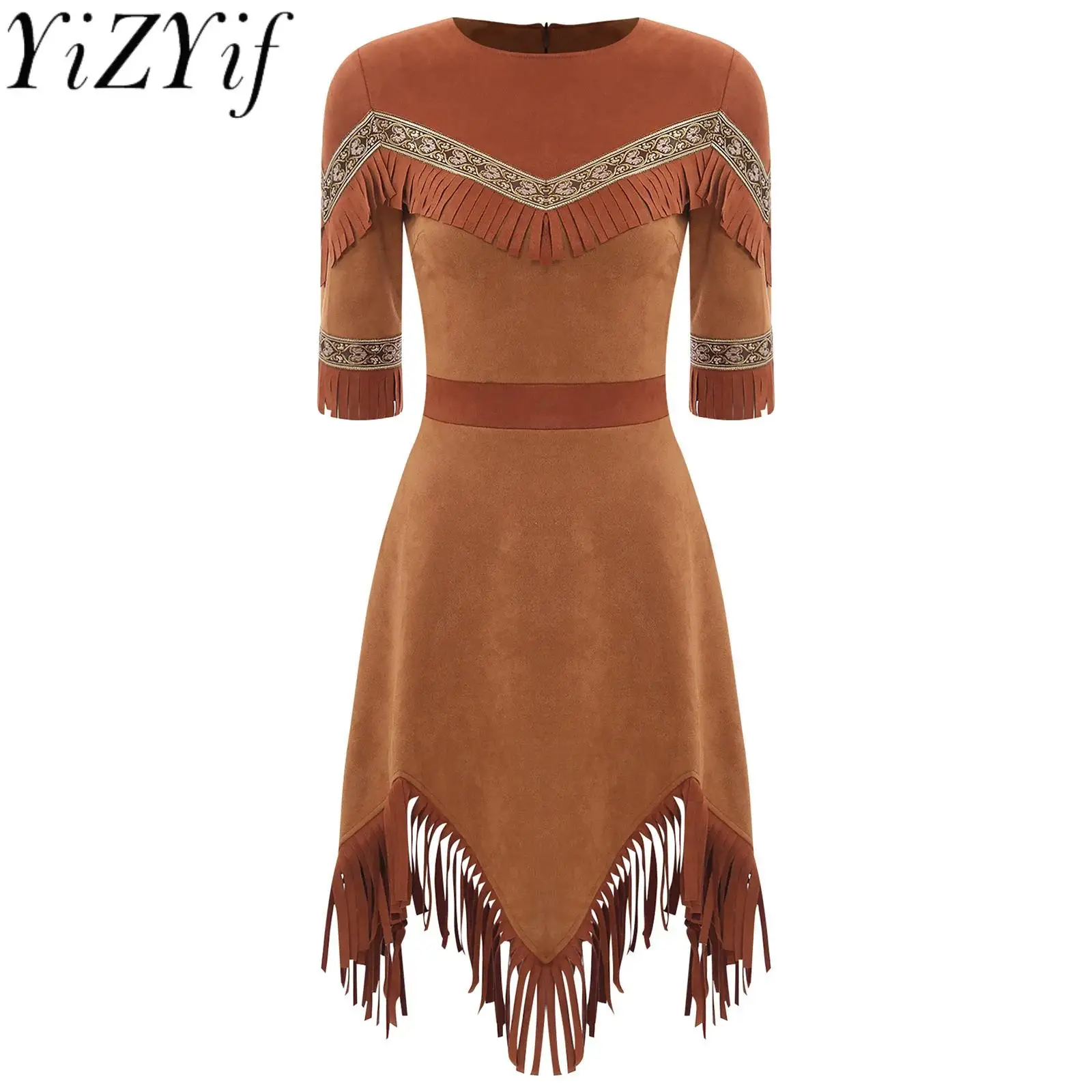 

Women Vintage Brown Hippies Cowgirl Cosplay Performance Costume Tassels Woven Tape Dress for Halloween Cowgirl Folk Outfits