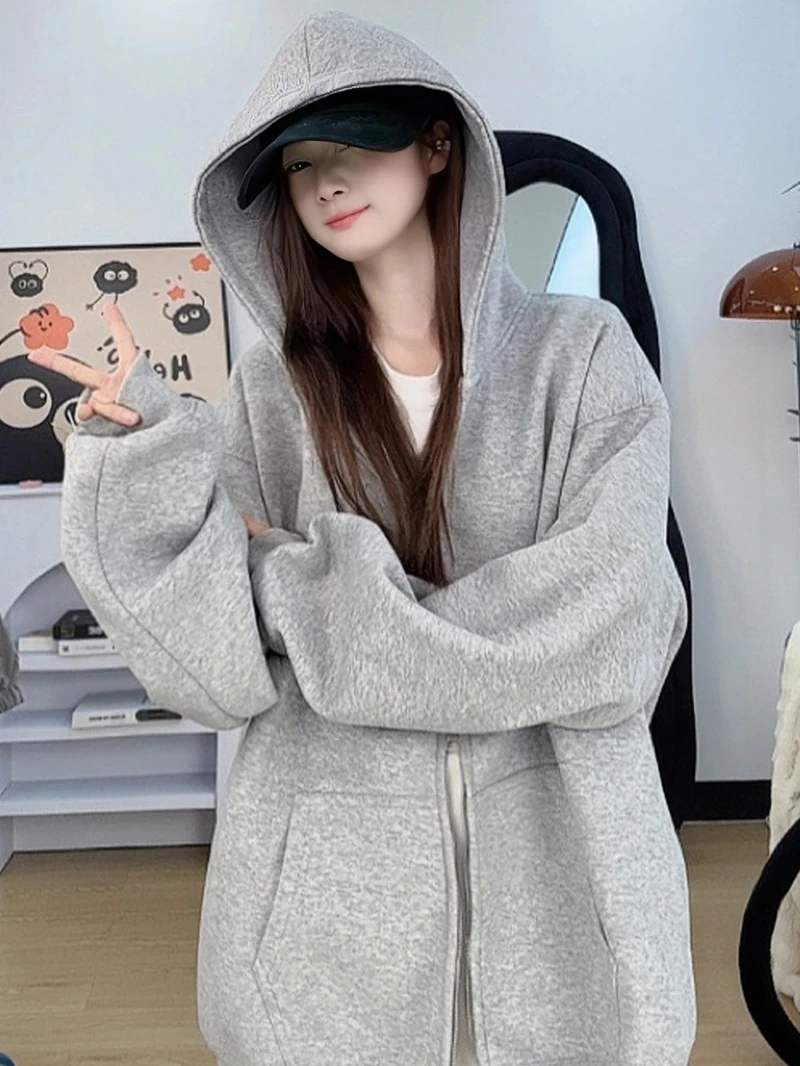 

Heavyweight Hooded Open Cardigan Sweatirt Men's Spring Autumn Loose Lazy Sle Haome Couple Outerwear Dual Zipper