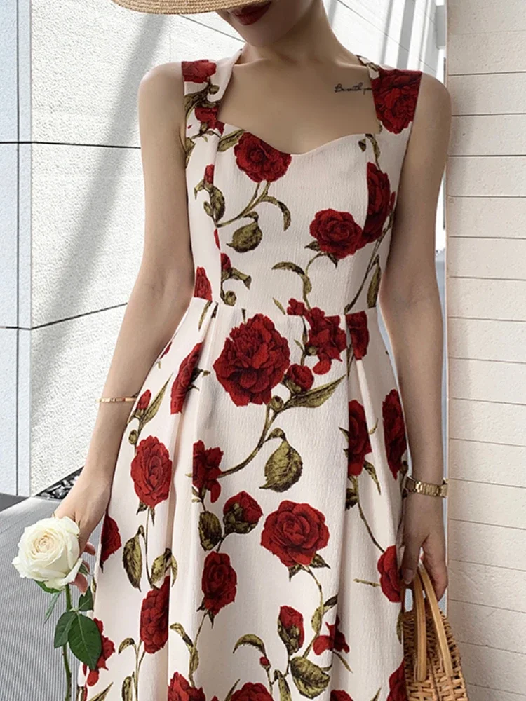 Pop mujer verano elegante estampado Floral Rosa Correa vestido Midi sin mangas Casual playa fiesta vestido veraniego mujer moda A-Line Vesti