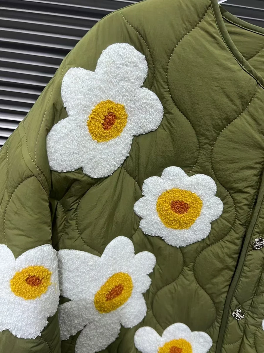 VGH Embroidery Flower Design Quilted Coat for Women V Neck Loose Long Sleeve Patchowrk Single Breasted Down Jacket Female Winter