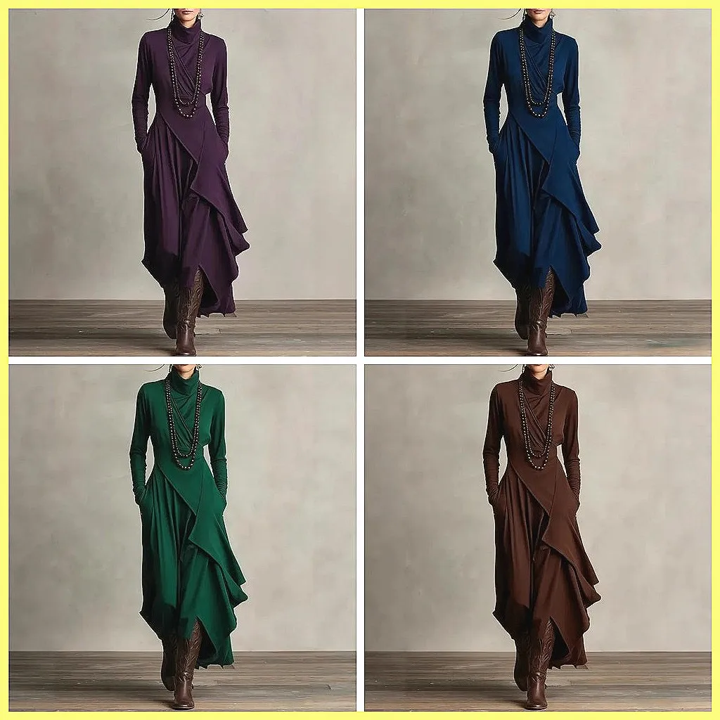 

Women's Long Sleeve High Collar Dress 2026, Solid Color Irregular Hem Streetwear