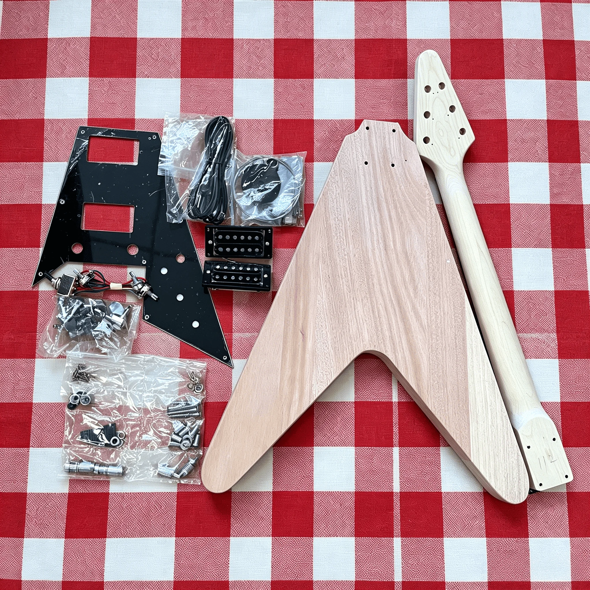 Flying V Unfinished DIY Electric Guitar Kit Mahogany Blank Body & Neck HH Humbuckers Black Pickguard Full Hardware Wiring Set view 2