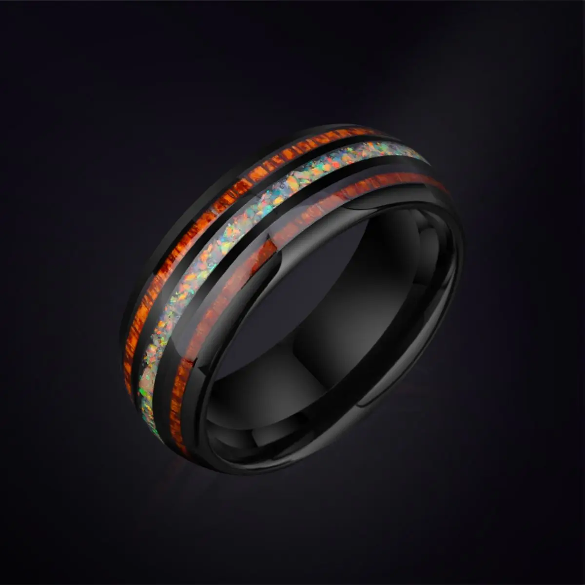 Loyal Moon Quality Tungsten Ring For Men and Women Fashion and Elegant Natural Rainbow Opal And Old Wood Jewelry Gift