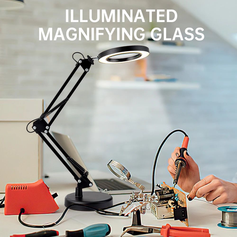 

10X Illuminated Magnifier USB 3 Colors LED Magnifying Glass for Soldering Iron Repair Skincare Beauty Foldable Table Lamp