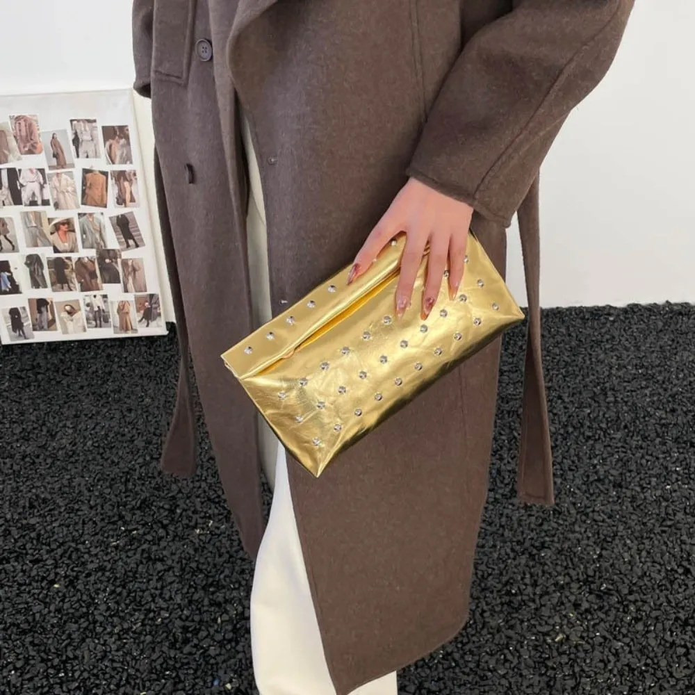 Rivet Envelope Clutch Bag Solid Color Large Capacity Evening Handbag Metallic Sheen Leather Clutch Purse for Evening Party