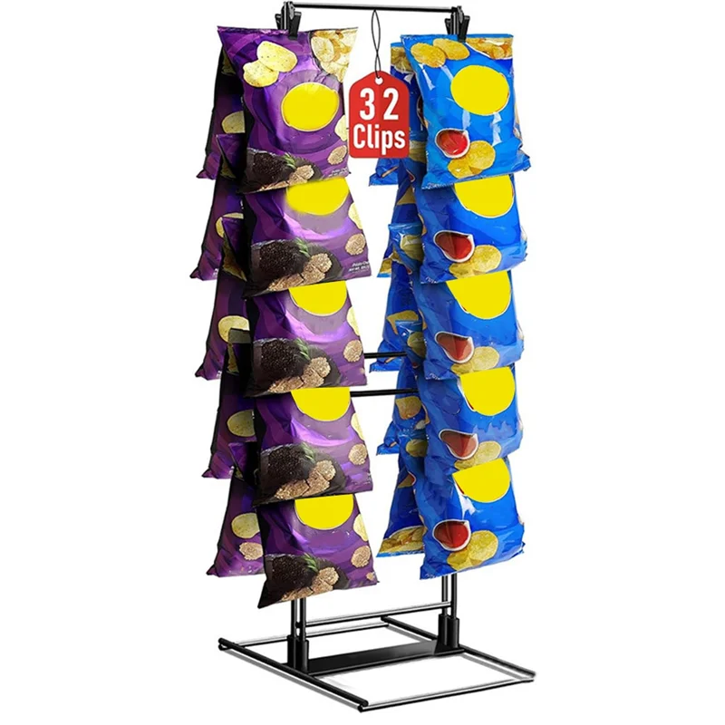 VELIF-For Party، حامل عرض رف رقاقات الوجبات الخفيفة، صفين، 32 مشبكًا مع حامل حقيبة لرقائق البطاطس