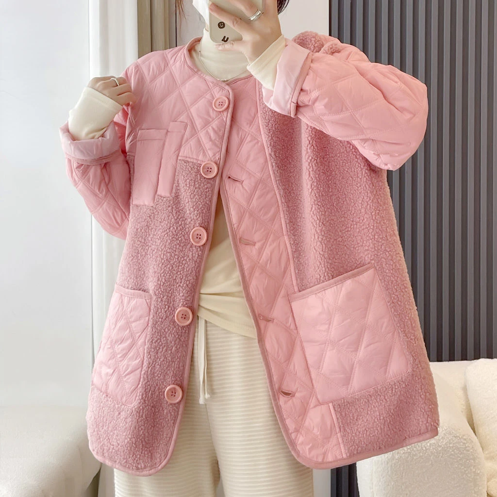 2024 Autumn/Winter New Women's Oversize Cotton Coat Loose Commuter Casual Spliced Round Neck Jacket