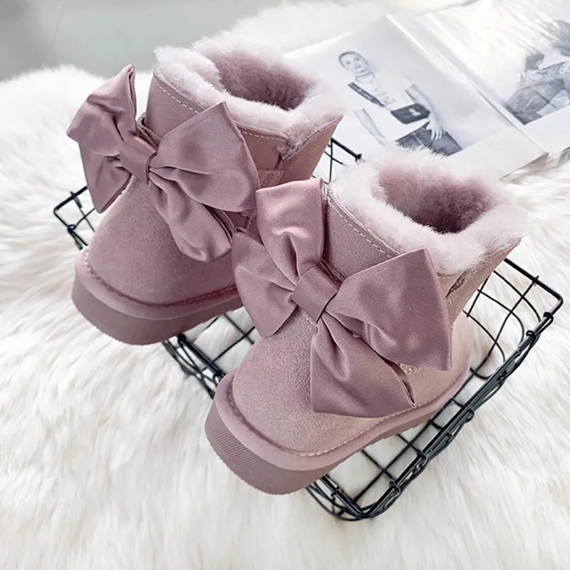 

Зимние ботинки из натуральной яловой кожи. Классические женские ботинки. Теплая зимняя обувь с милым шелковым бантом и толстой шерстяной подкладкой для женщин. Ботильоны.