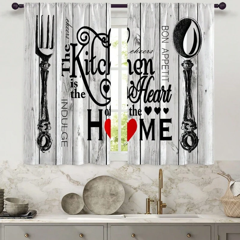 2pcs Fashion Minimalist Knife Fork Text Kitchen Window Curtains Easy Install for Bedroom Study Cafe Living Room Home Decoration