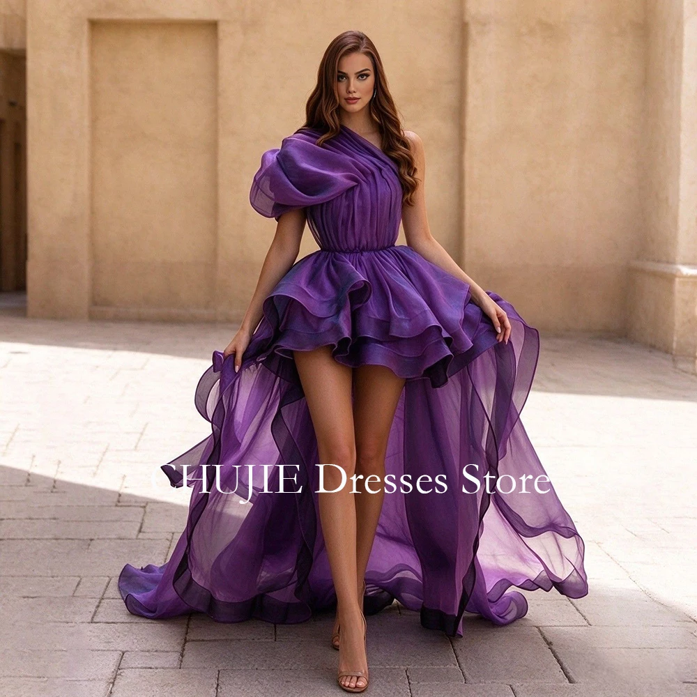 Purple One Shoulder Prom Dress Asymmetry HIgh Low Gala Party Gown Organza Women Cocktail Dress Customized Graduation Dress