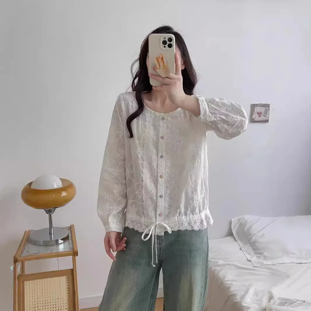 Japan Style Sweet Mori Girl Lace Crocheted Embroidery Shirts Women Spring Autumn O-Neck Long Sleeve White Cotton Blouse Tops