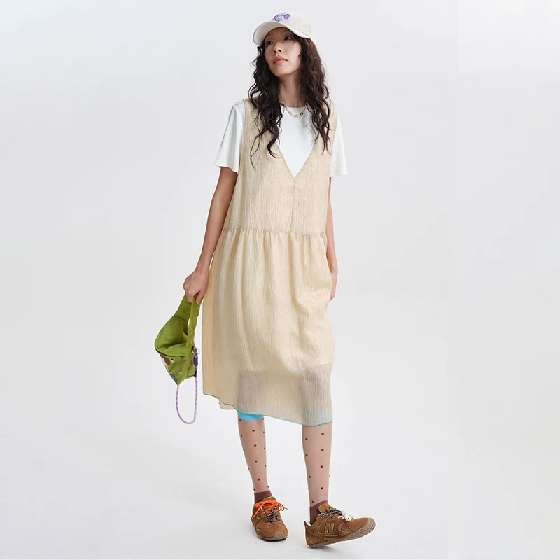 MOVEUP Casual Loose Dress 2026 Spring New Color Block Round Neck Layered Two-Piece Commuter Style Dress For Women 3ELC11307