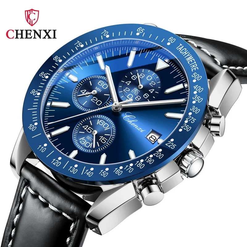 CHENXI 960 Fashion Men's Quartz Watch Multifunction Chronograph Leather Strap Luminous Calendar Casual Sports Watches for Men