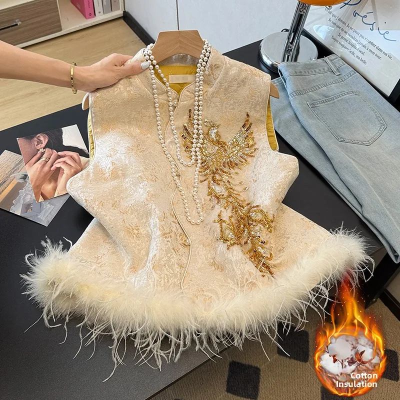 

New Chinese Sle Thiened Embroidered Cotton Vest Improved Bal Tank Top Heavy Embroidery round Ne Button Design