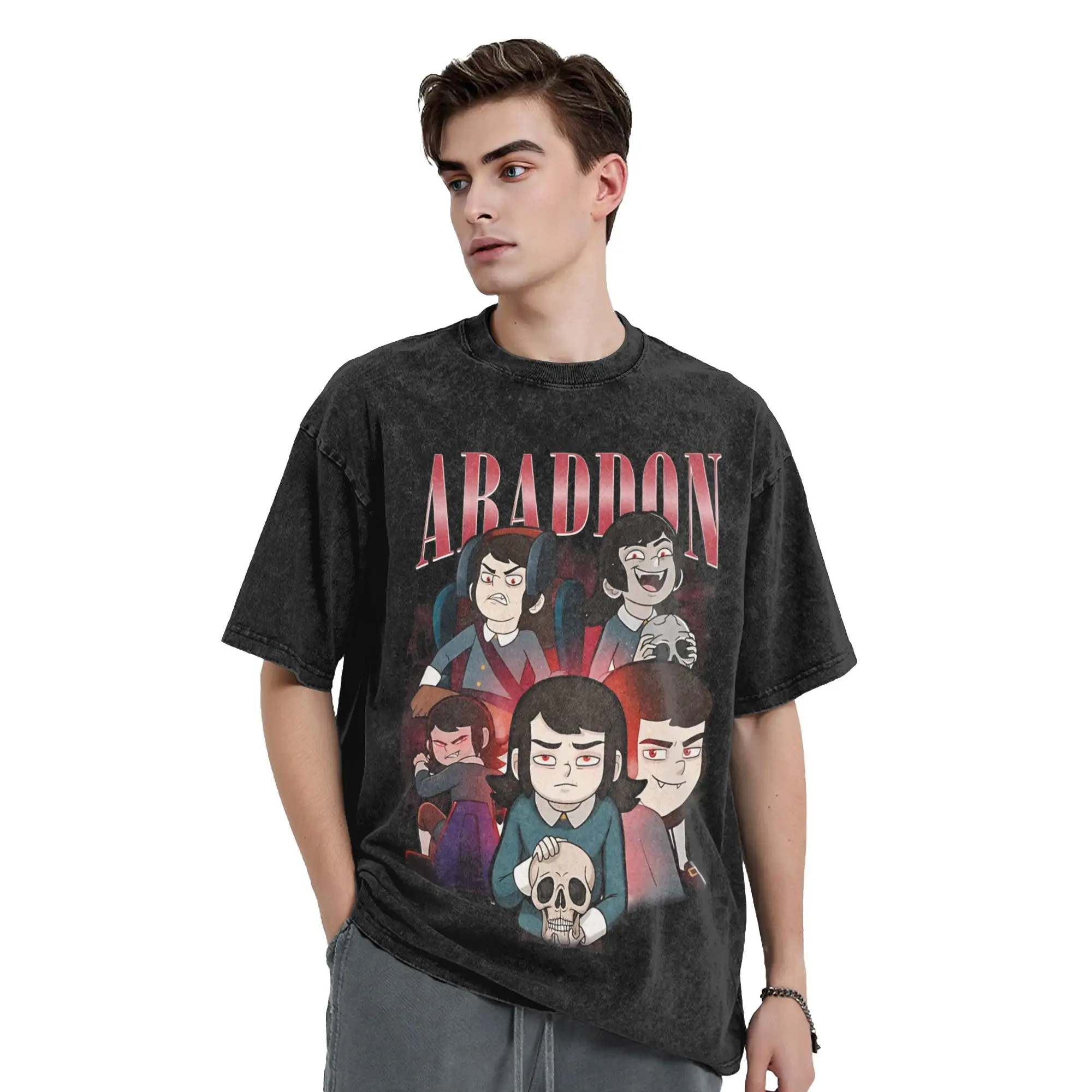 Printed Haunted Hotel Abaddon Cartoon  Washed Shirt Outfit Harajuku T-Shirts  for Men Women Tee