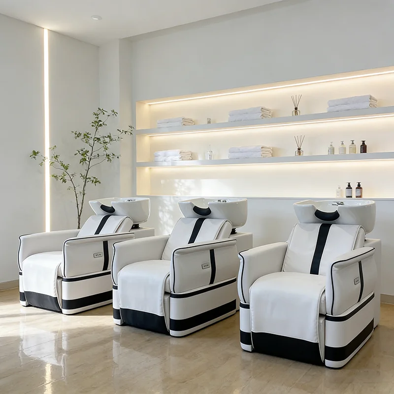 Luxury Barbershop Electric Adjustable Head Treatment Spa Washing Chair Modern White Ceramic Basin Massage Shampoo Chair