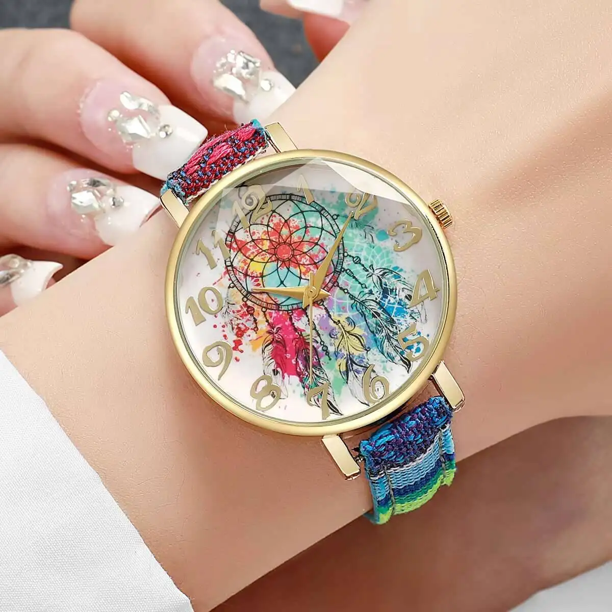 2Pcs Bohemian Ladies Watches Mandala Dreamcatcher Dial Fabric Strap Casual Quartz Watch For Women Gift