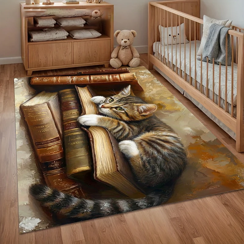 Tapete de Área Macio Antiderrapante Vintage com Estampa de Pilha de Livros e Gatos para Entrada, Quarto, Sala de Estar, Quarto Infantil, Decoração de Casa e Decoração de Chão