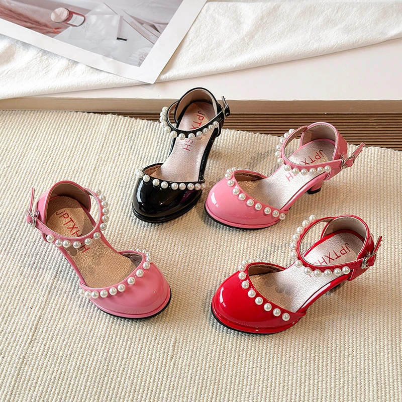 Mumoresip Little Girls High Heels 2026 New Princess Pearl Children's Leather Shoes Wedding Party Catwalk Kids Causal Dress Shoes