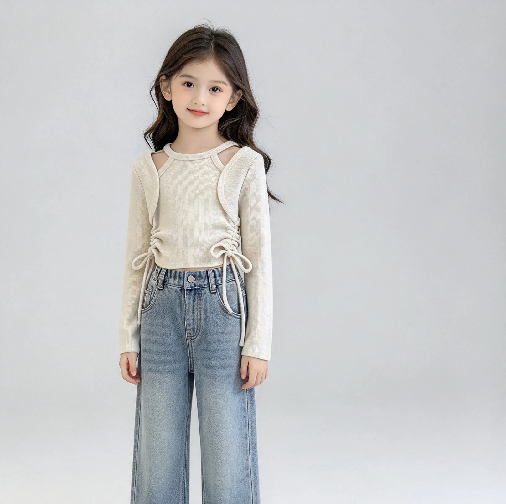 Girls' Fake Two-piece Base Shirt Hollowed Out Shoulder Top 2026 Autumn Children's Drawstring Irregular Short Sleeved T-shirt